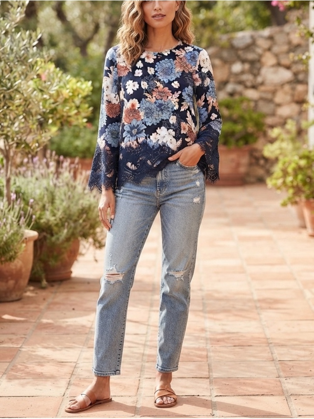 Chico's Floral Lace Trim Long Sleeve Blouse Size 0 Boho Chic Cottagecore Navy♥️